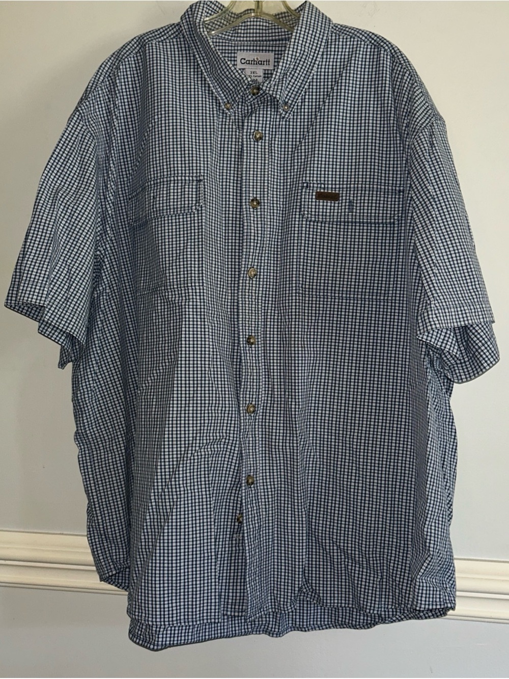Carhartt Men's Blue and White Gingham Short-Sleeve Button-Down Shirt